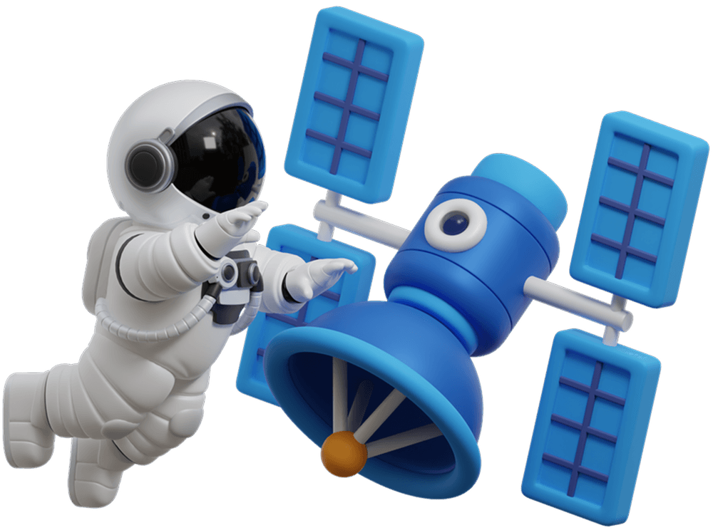 Een astronaut die aan een satalite knutselt