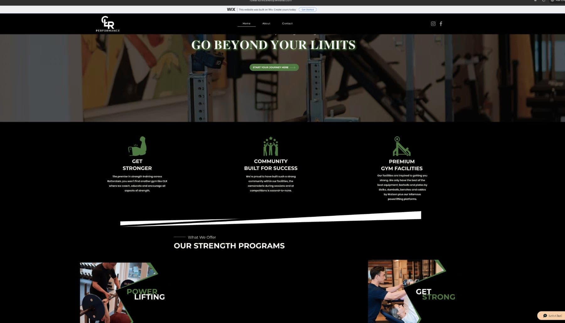 De oude website van CLR Performance: losse opmaak, standaardfoto’s en geen herkenbare merkstijl.